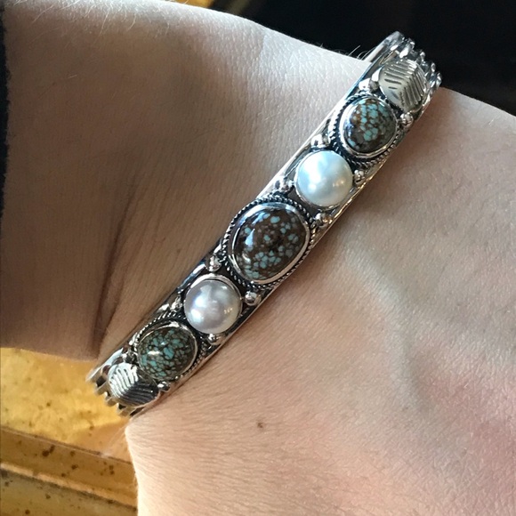 Royston Blue Horizon Turquoise White Pearl Sterling Silver Cuff Bracelet - Picture 1 of 7
